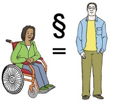 Frau im Rollstuhl und ein aufrecht stehender Mann. Zwischen beiden befindet sich ein Gleich-Zeichen udn ein Paragraphenzeichen.